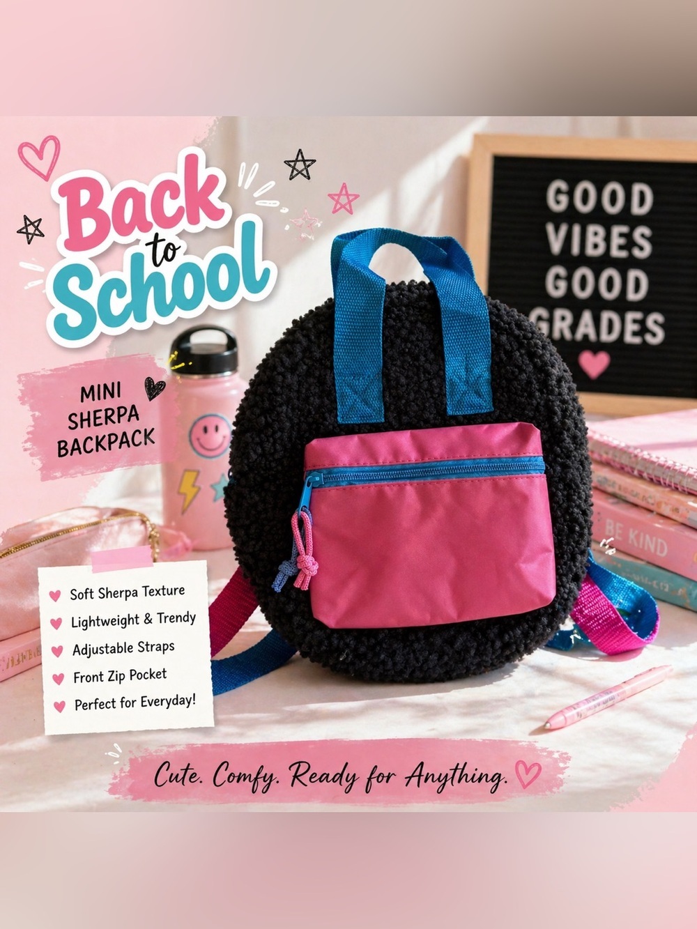 Black Sherpa Mini Backpack Pink Teal Accents